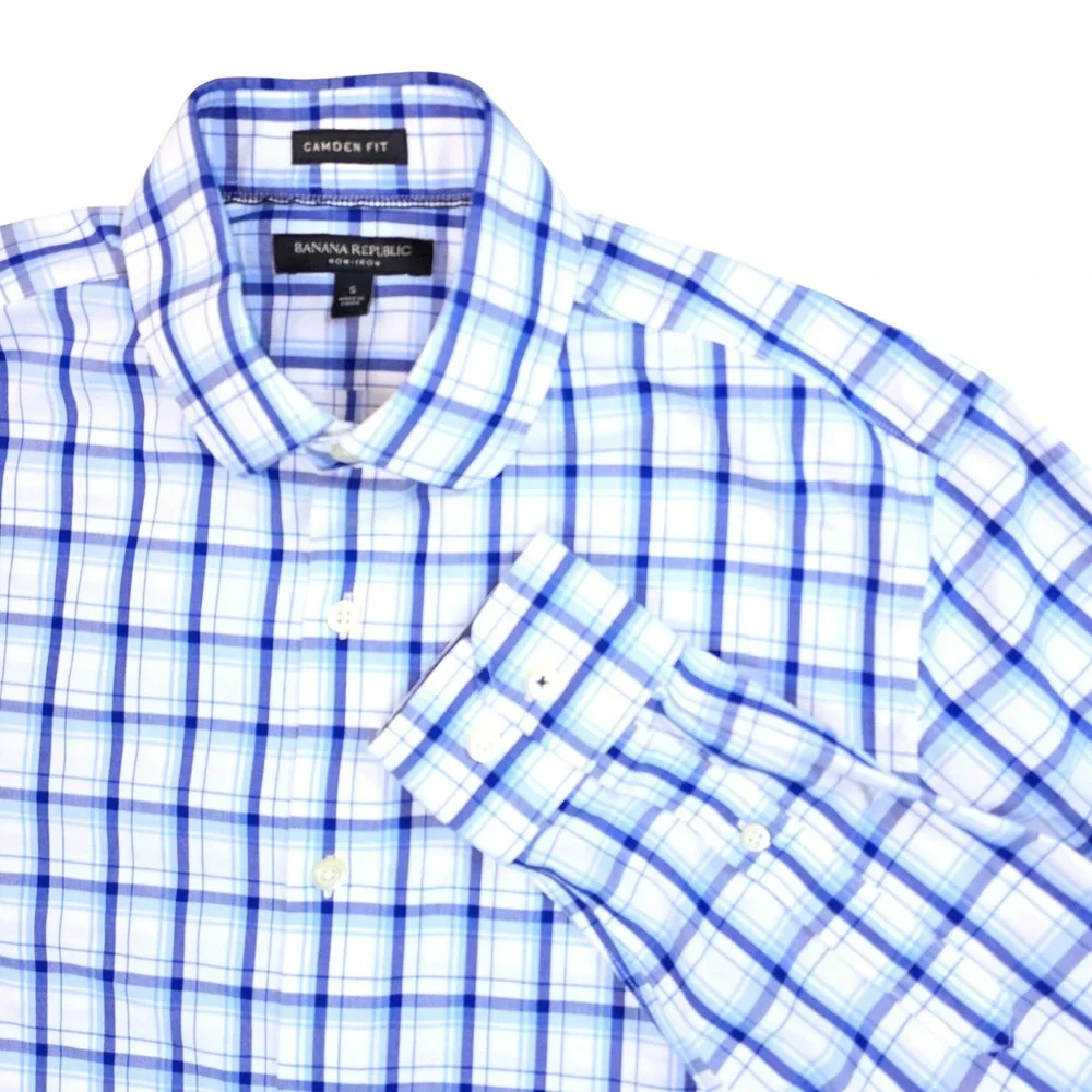 Banana Republic Mens Camden Fit Non-Iron Plaid Dress Shirt Blue White Small